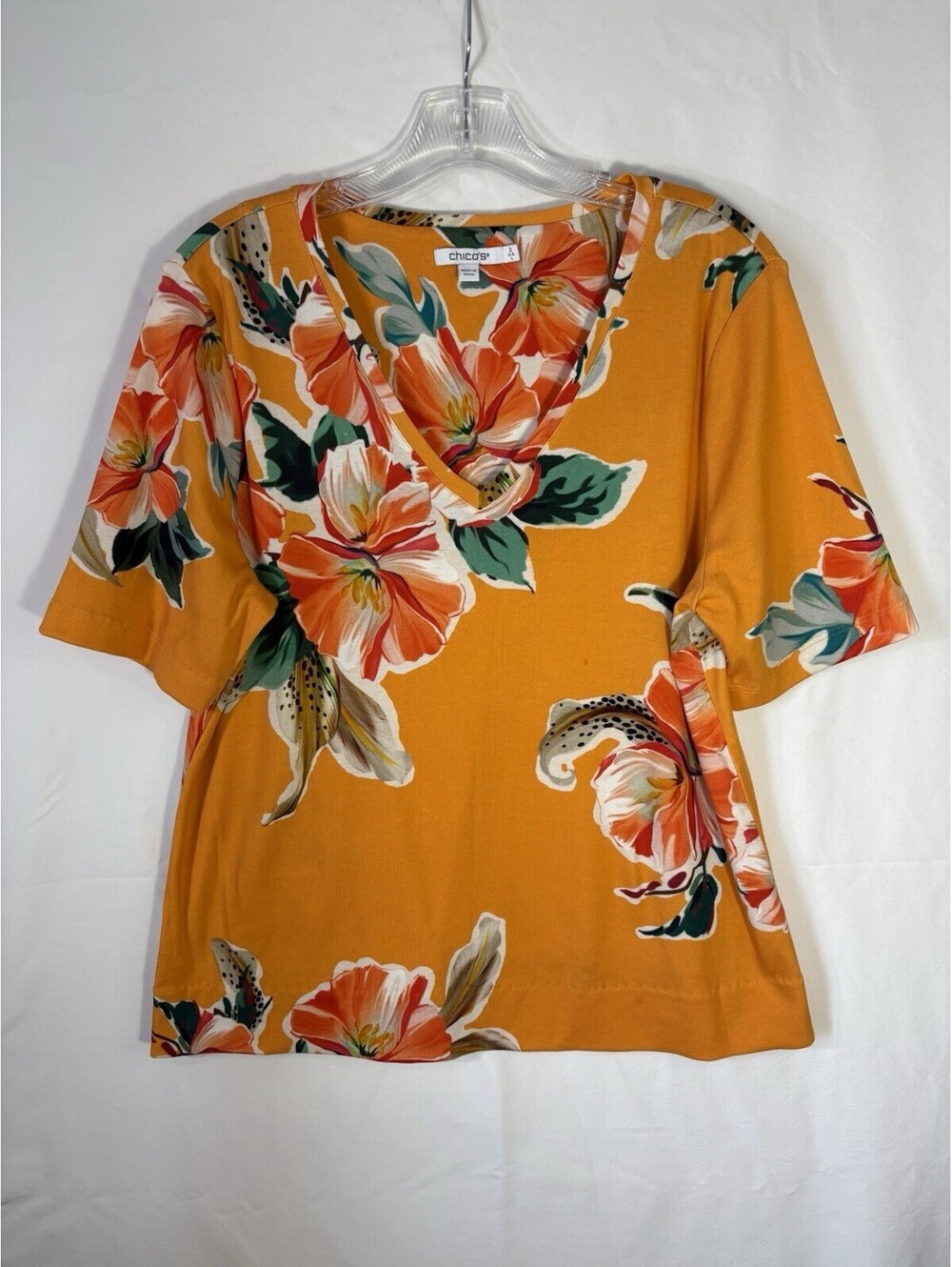 Chicos Shirt Womens 2 US L 12 Orange Tropical Floral Pima Cotton V Neck Top - Picture 1 of 6